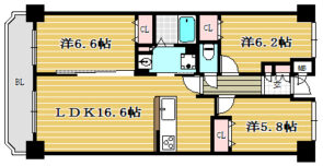 間取り：3LDK / 床面積：74m² / バルコニー：9.24m²