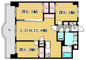 間取り：3LDK / 床面積：68.85m² / バルコニー：12.29m²