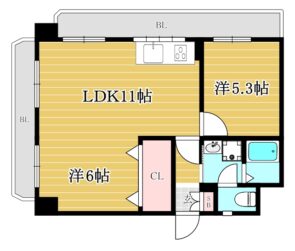 間取り：2LDK / 床面積：48.8m² / バルコニー：16.3m²