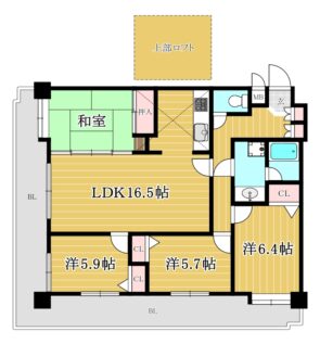 間取り：4LDK / 床面積：90.10m² / バルコニー：36.38m²