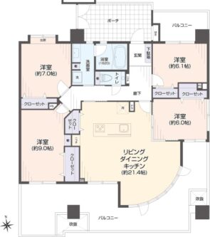 間取り：4LDK / 床面積：108.56m² / バルコニー：38.2m²