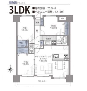 間取り：3LDK / 床面積：70.66m² / バルコニー：12.15m²