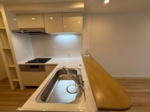 キッチンには備え付けの収納スペースもあり便利です